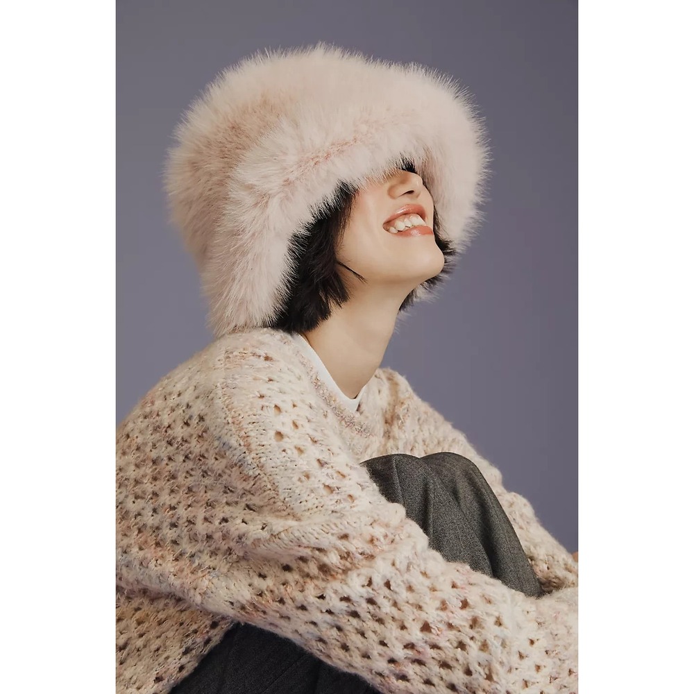 Anthropologie Maeve Pink Blush Faux Fur Bucket Hat One Size Women's Apres Ski